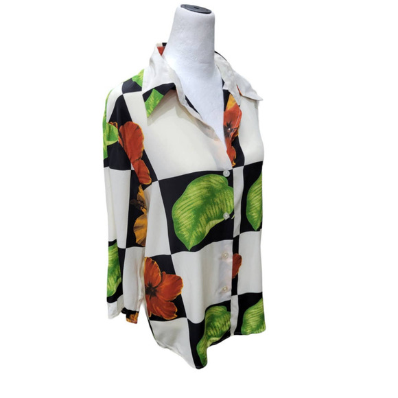 Silk Club Collection Vintage Geometric Leaf Printed Button Down Blouse Size S‎ - Picture 8 of 10